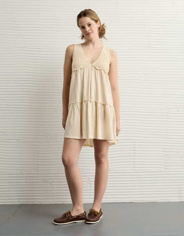 AE Sunchaser Knit V-Neck Crochet Mini Dress | American Eagle Outfitters (US & CA)