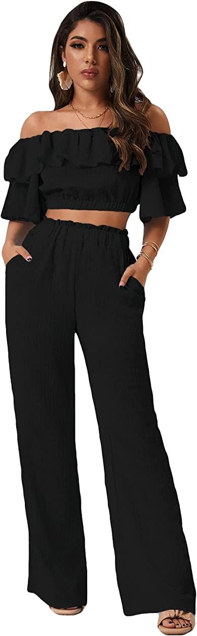 Romwe Women's 2 Piece Outfit Off The Shoulder Crop Top Wide Leg Pants Set | Amazon (US)