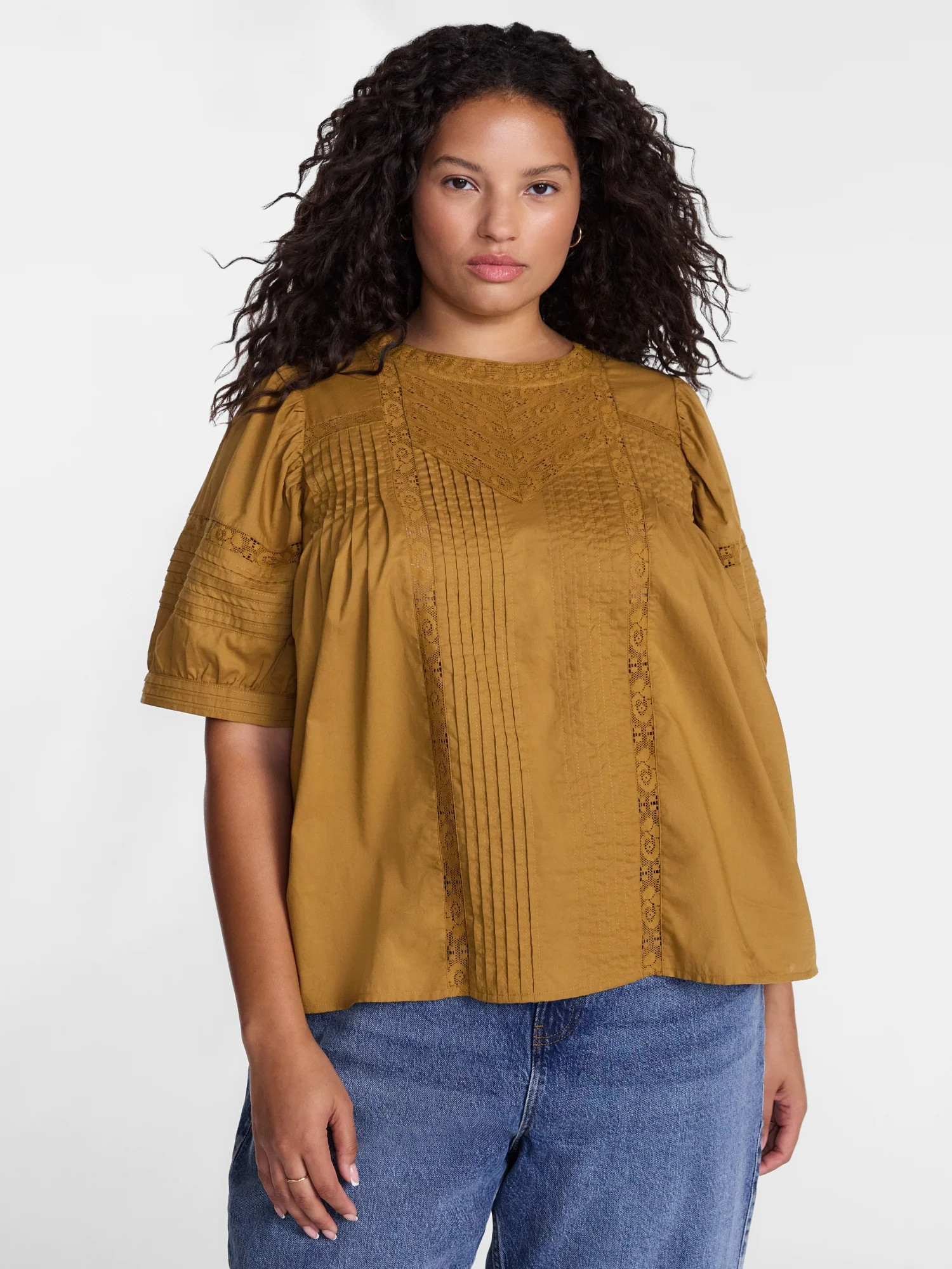 Terra & Sky Women's Plus Lace Trim Swing Top with Elbow Length Puff Sleeves, Sizes 0X-5X | Walmart (US)