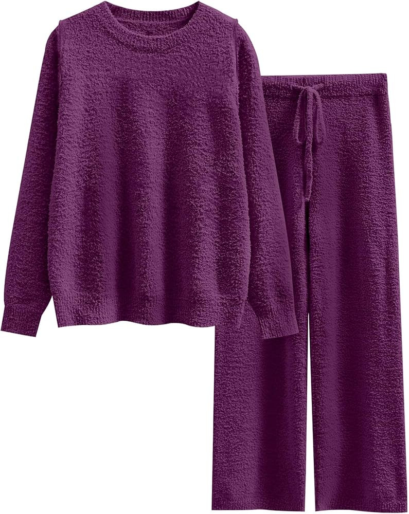 ANRABESS Women's Fuzzy Fleece Pajama Sets 2 Piece Outfits Long Sleeve Top Wide Leg Pants Lounge M... | Amazon (US)