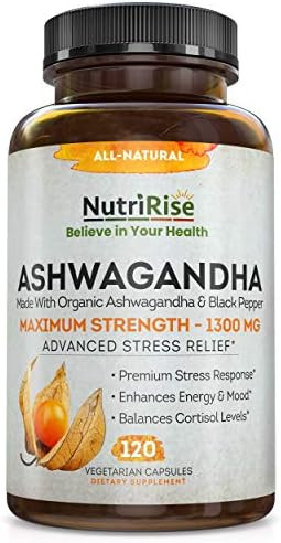 Ashwagandha 1300mg Made with Organic Ashwagandha Root Powder & Black Pepper Extract - 120 Capsule... | Amazon (US)