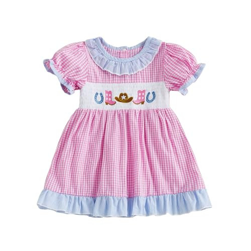 Toddler Baby Girl Dress Puff Sleeve Western Theme Embroidery Smocked Plaid Ruffle Dresses Summer Clothes Farm Outfit (Pink, 2-3 Years) | Amazon (US)