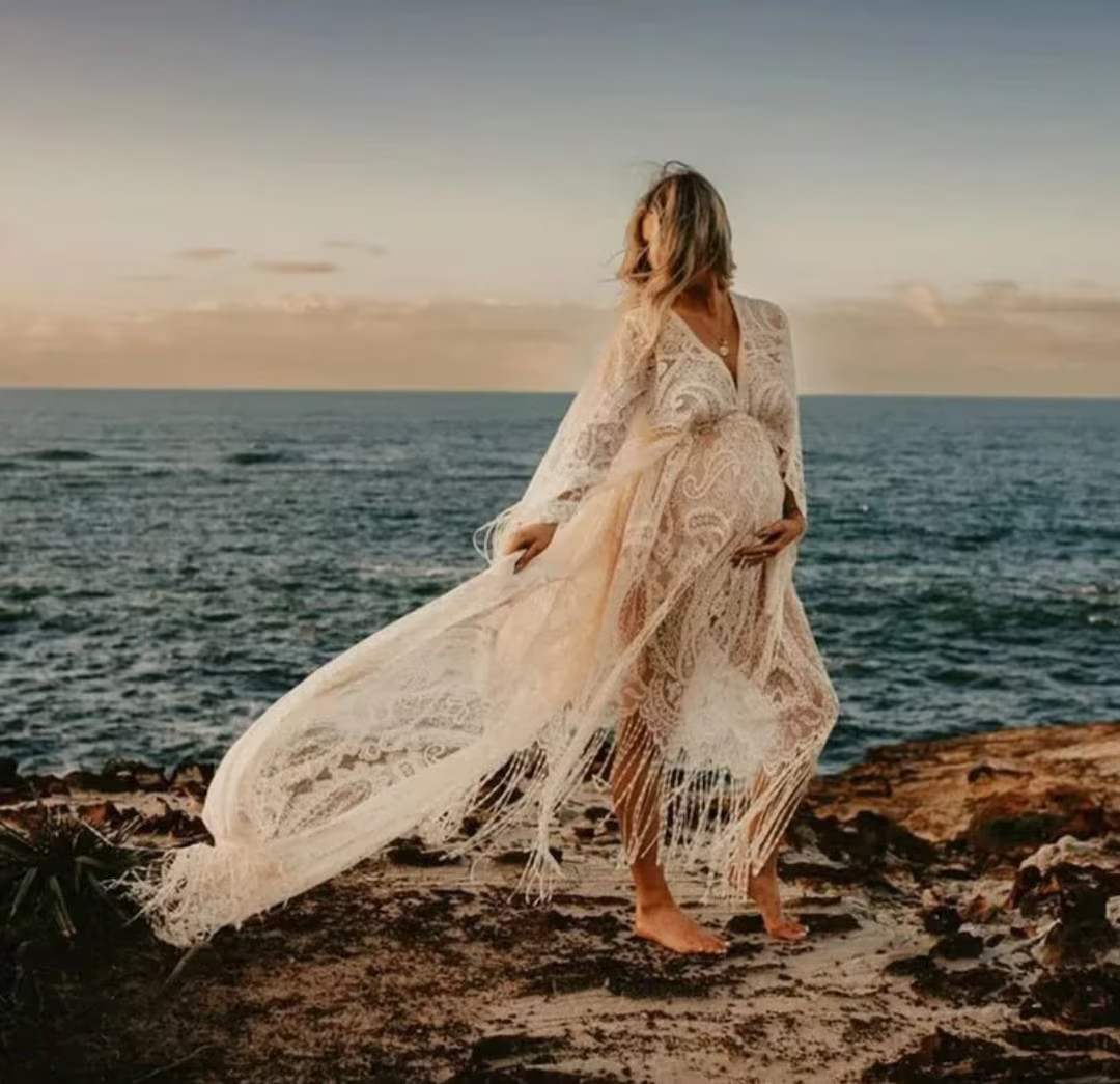 Boho Maternity dress, cream lace dress, maternity photoshoot, long sleeve, boho maxi dress, beach... | Etsy (US)