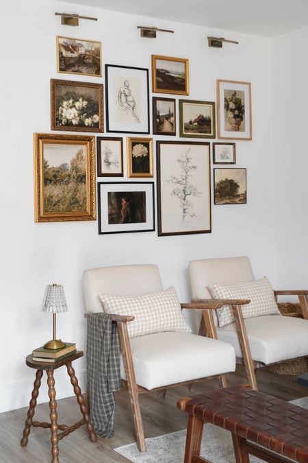 vintage art, gallery wall, vintage frames, woven bench, portable lamp, french bobbin stool 

#LTKhome #LTKFind