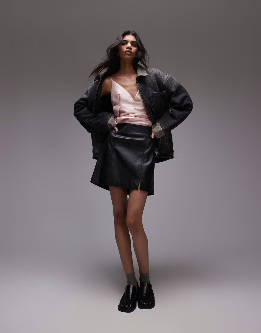 Topshop seamed real leather mini skirt in black | ASOS (Global)
