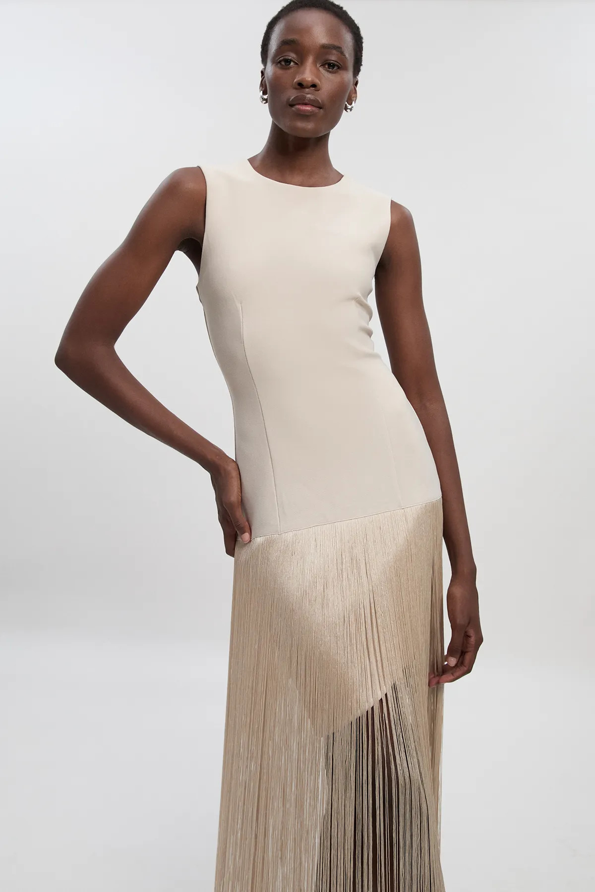 Champagne Figure Form Bandage Tassel Hem Knitted Dress | Karen Millen | Karen Millen UK + IE + DE + NL