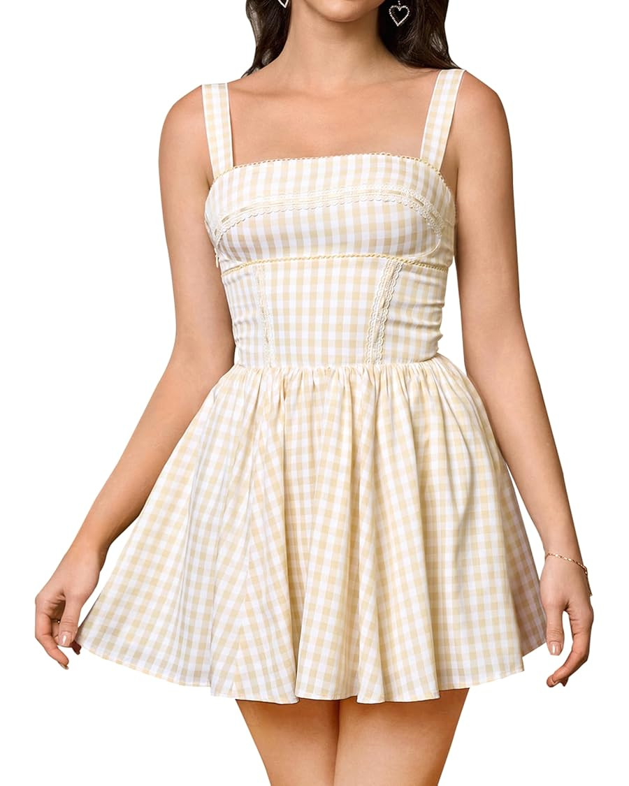 KUTUMAI Summer Gingham Mini Dress Corset Square Neck Lace Up Casual Sundress Flowy A Line Short D... | Amazon (US)