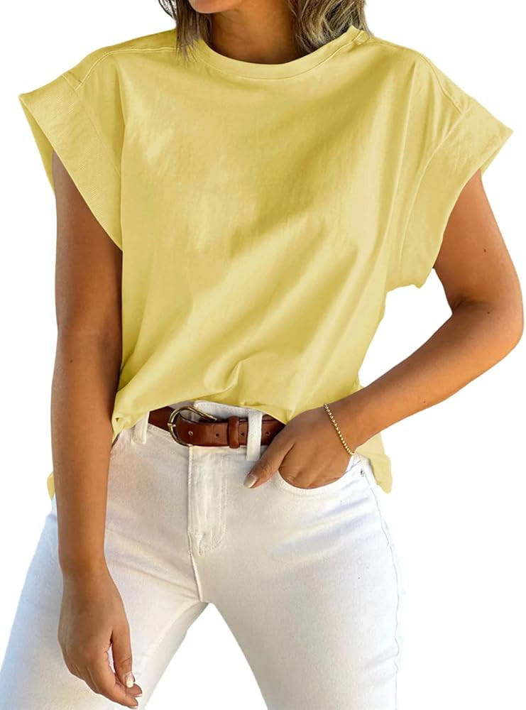 Tankaneo Womens Summer Cap Sleeve Tank Top Crew Neck Solid Casual Loose Fit Basic Tee Shirt | Amazon (US)