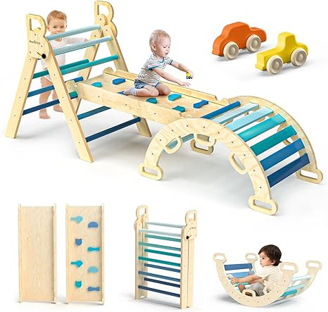 BlueWood Pikler Triangle Set 7in1 Foldable Baby Climbing Toys Wooden Montessori Climbing Set with... | Amazon (US)