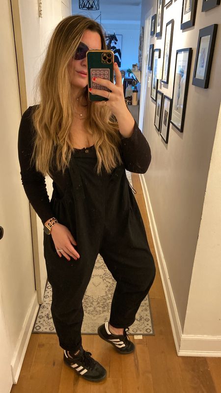 I live in this jumpsuit/overall situation because it is so comfortable. Perfect for spring and summer because it’s not heavy polyester, closer to the feel of cotton/linen so it’s very airy.  Similar to free people but has adjustable straps, waist pulls and pockets. Paired with my amazon bodysuit, Apple Watch (band linked), and adidas sambas. 

Spring outfit, outfit inspo, midsize outfit, postpartum, black overalls, black jumpsuit, black sneakers, onesie, bodysuit, amazon find 

#LTKfindsunder50 #LTKstyletip #LTKmidsize