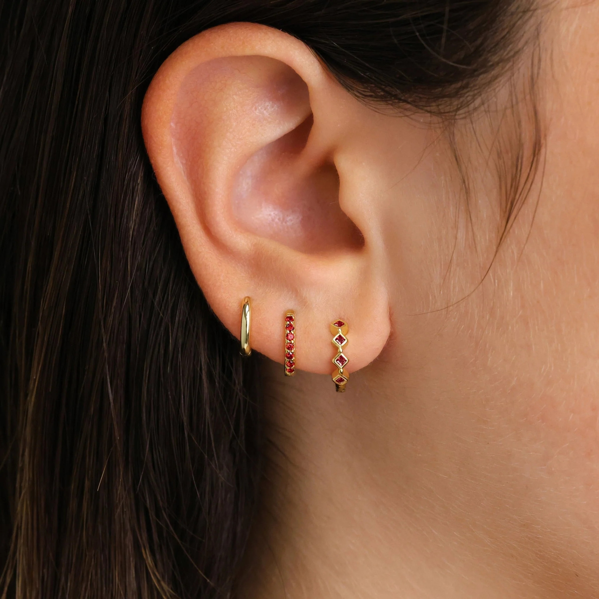 Ruby Birthstone Bezel Huggie Hoop Earring Set eyrful | Eyrful Artistry