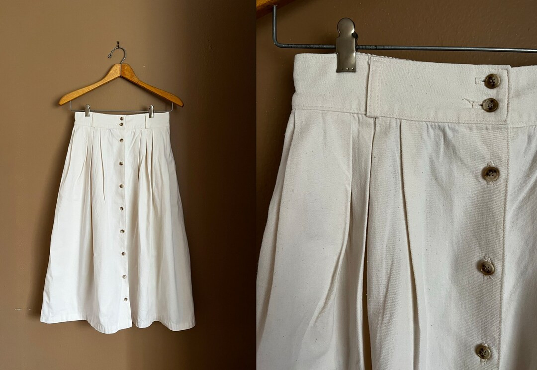 1980s Pleated Skirt / 80s Chino Skirt / Beige Button Front - Etsy | Etsy (US)