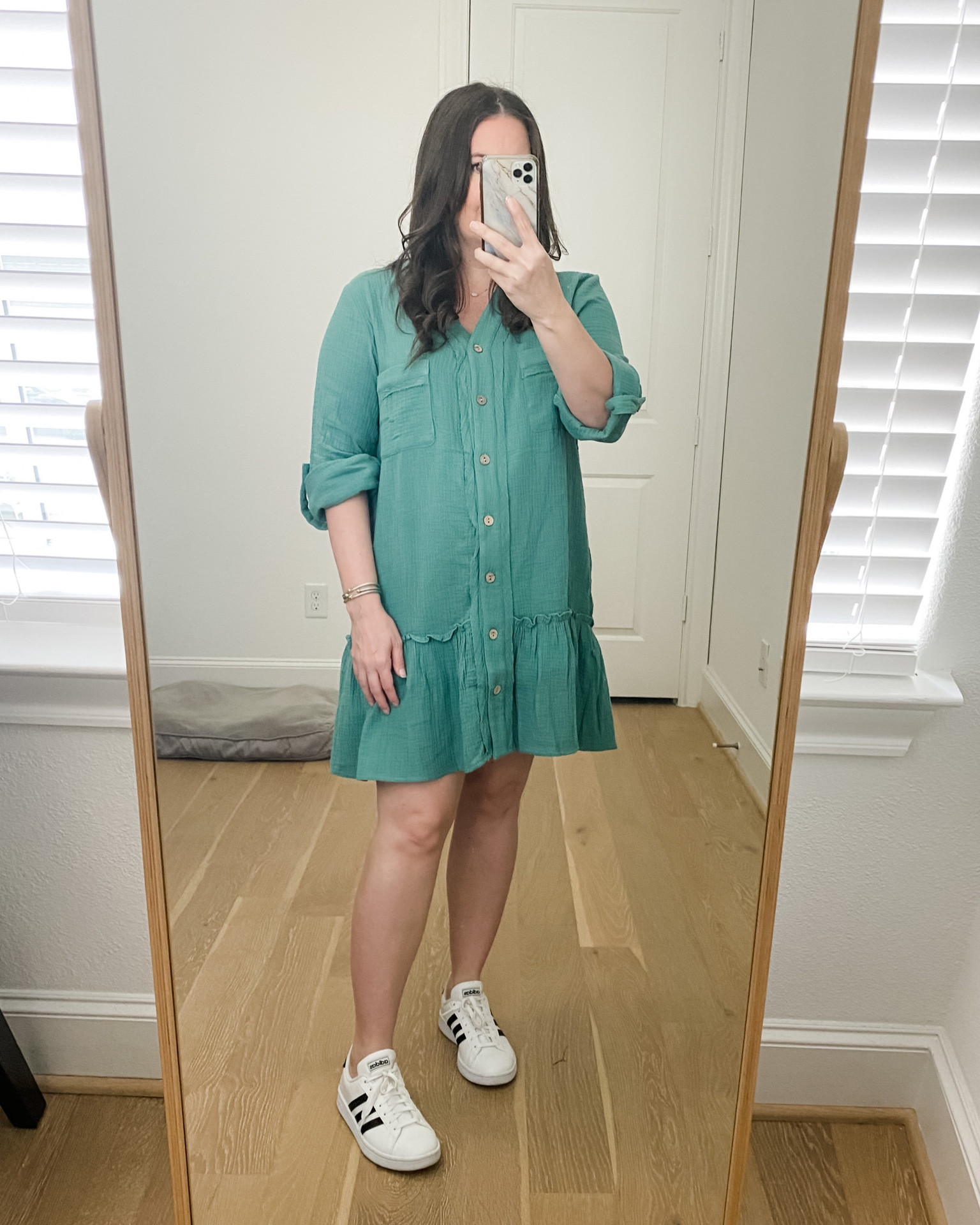 Maternity dress / spring outfits / teal short dress / pregnancy dresses / adidas white sneakers / David yurman bracelets 

#LTKunder100 #LTKbump #LTKSeasonal