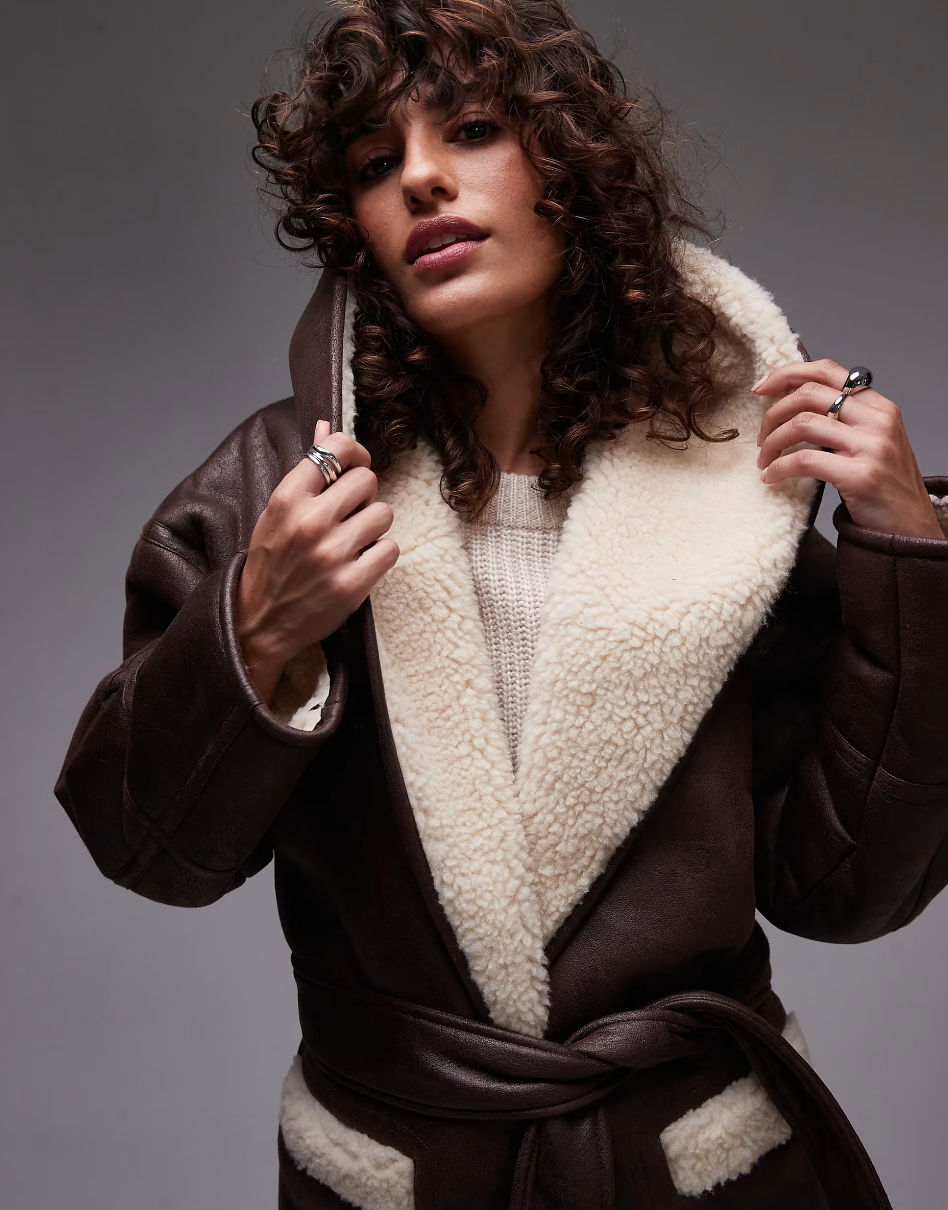 Topshop belted suedette jacket in brown and cream | ASOS (Global)