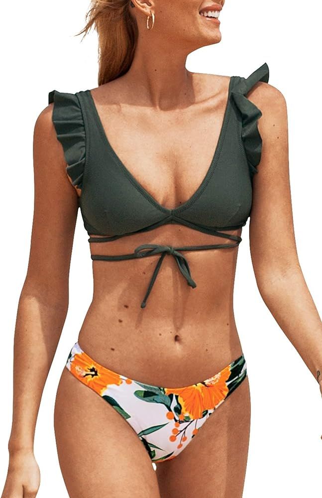 CUPSHE Women's Bikini Swimsuit Floral Ruffle Tie V Neck Two Piece Bathing Suit | Amazon (US)