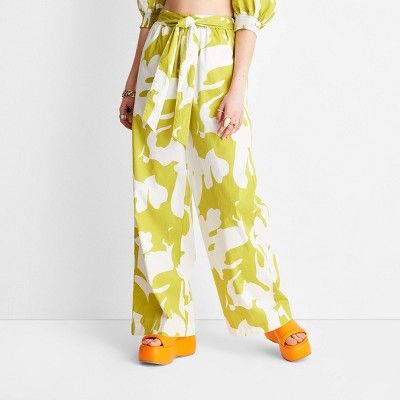 Women's Wide Leg Relaxed Floral Pants - Future Collective™ with Alani Noelle White/Olive | Target