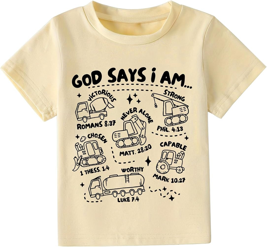 Kids Toddler Little Boys T-Shirt God Says I Am Construction Bible Verse Truck Excavator Tractor S... | Amazon (US)