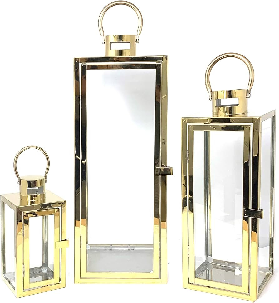Allgala 3-PC Set Jumbo Luxury Modern Indoor/Outdoor Hurricane Candle Lantern Set with Chrome Plat... | Amazon (US)