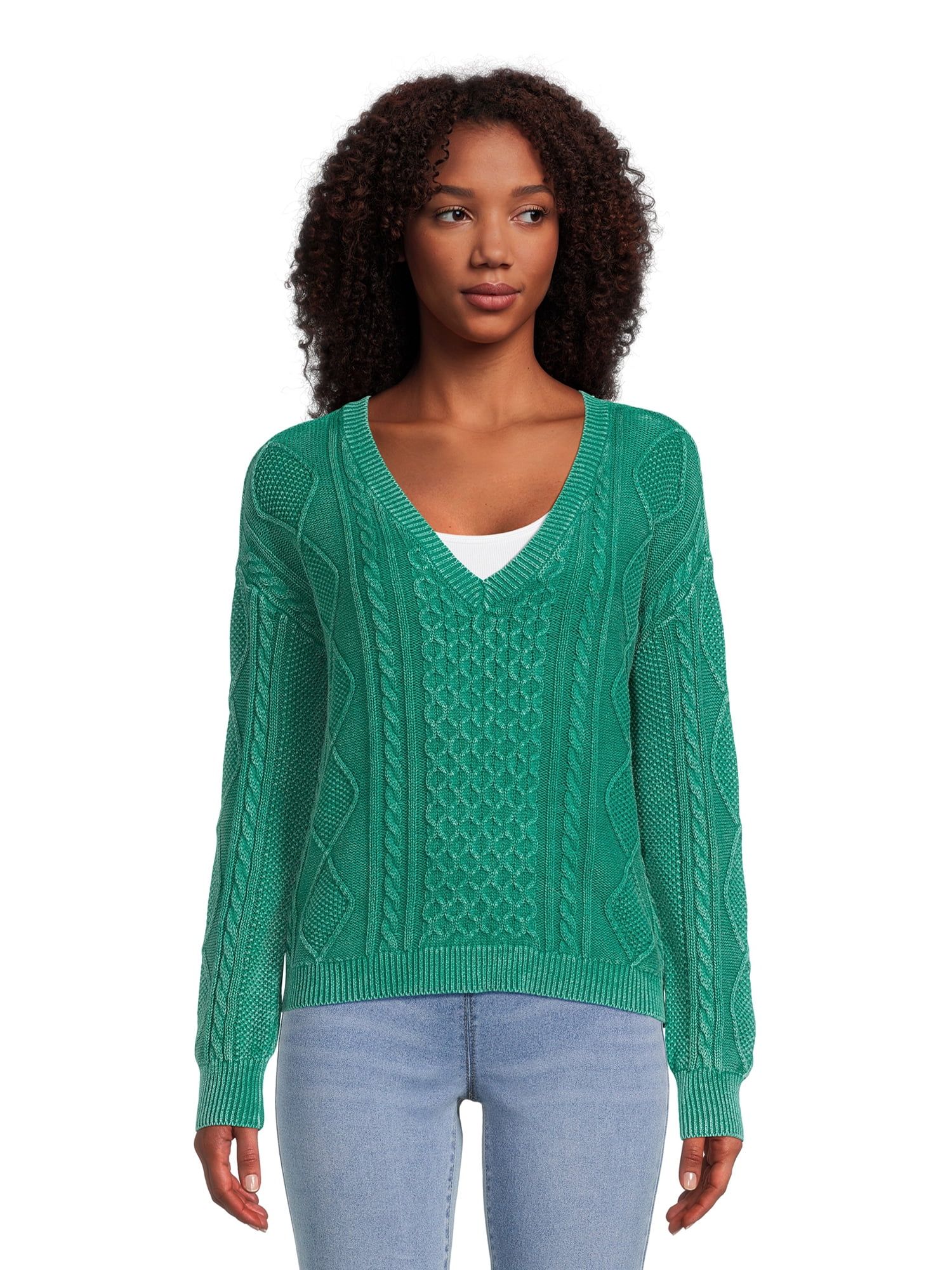 No Boundaries Juniors Washed Cable Knit V-Neck Top | Walmart (US)