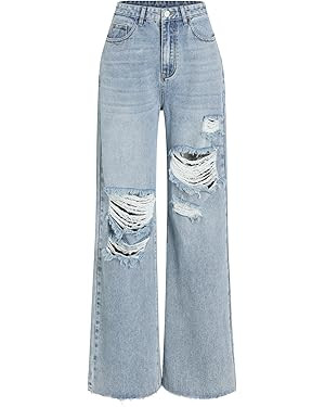 CIDER Women’s Ripped Jeans High Waisted Distressed Baggy Straight Wide Leg Pants | Amazon (US)