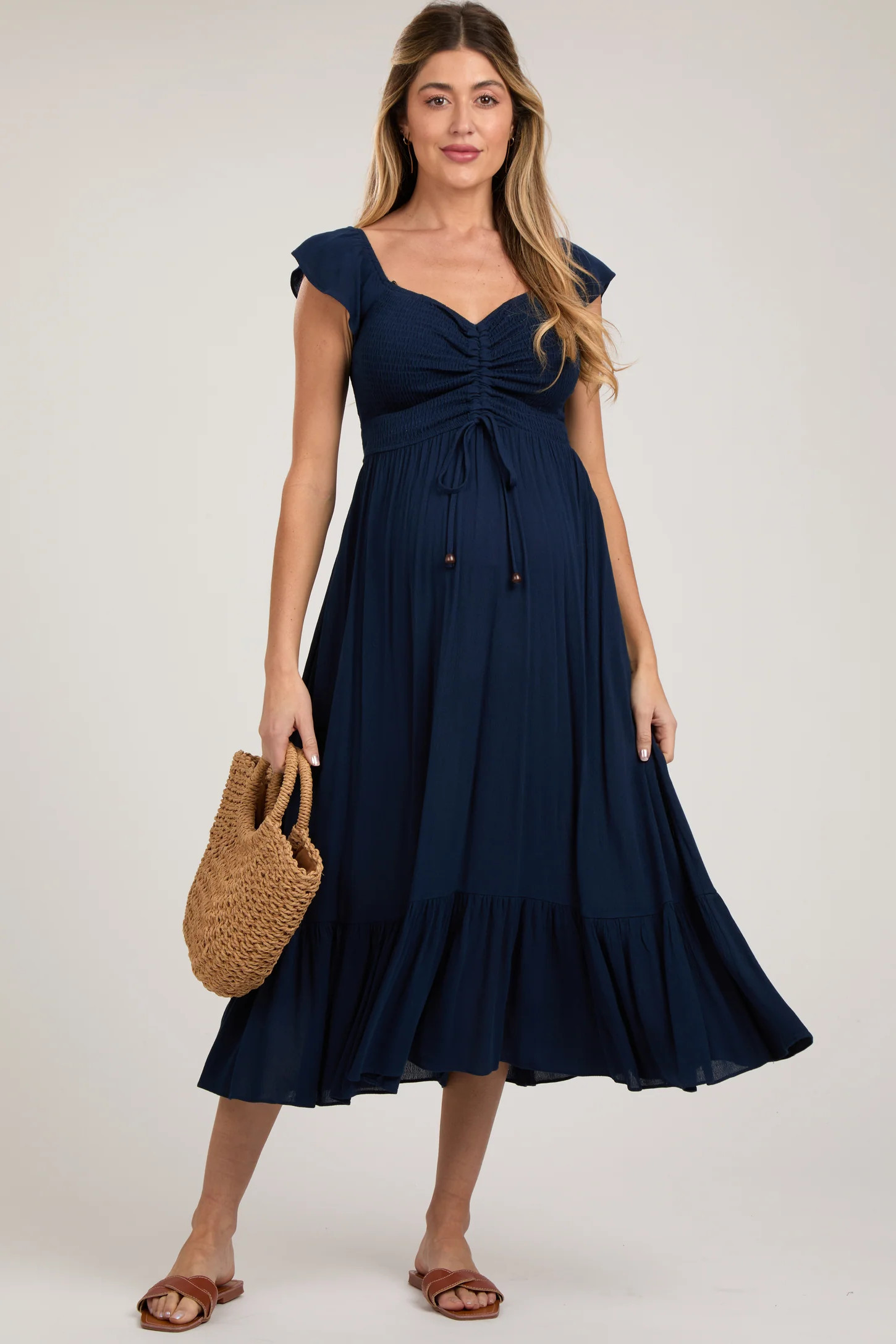 Navy Smocked Ruched Ruffle Hem Maternity Maxi Dress | PinkBlush Maternity