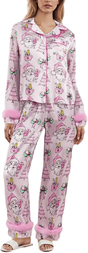 Argeousgor Women Feather Pajamas Silk Satin Lounge Sets Long Sleeve Button Down Shirts and Pants ... | Amazon (US)