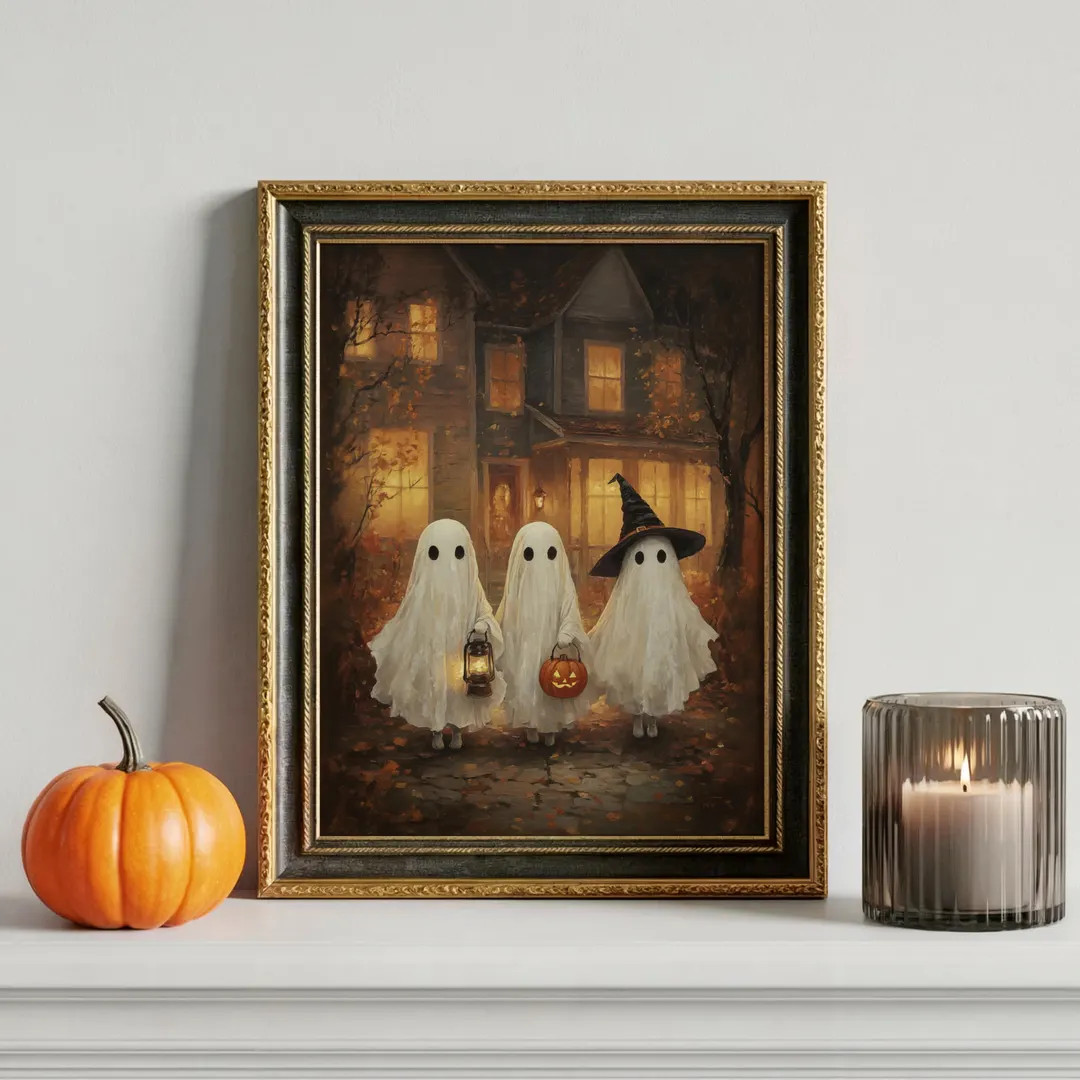 Halloween Ghost Art – Printable Vintage Wall Decor of Ghost Trio with Lantern, Witch Hat & Pump... | Etsy (US)