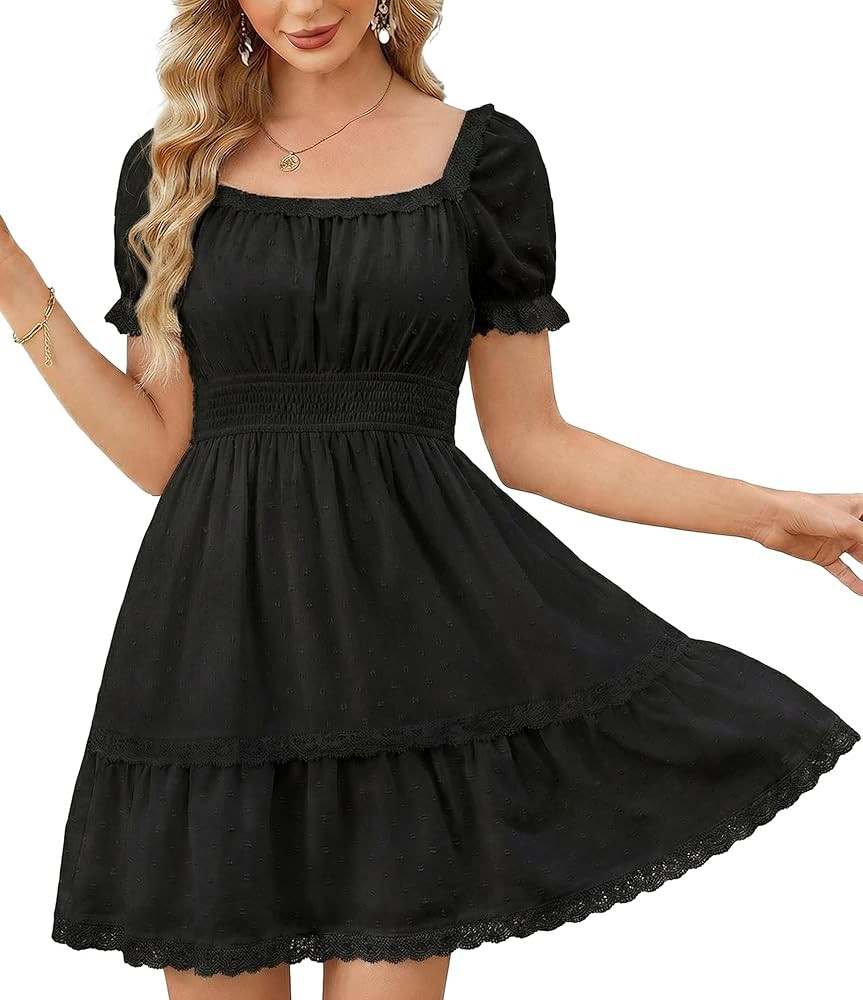 Florboom Women's 2026 Summer Boho Puff Sleeve Dresses Swiss Dot A Line Smocked Waist Mini Dress w... | Amazon (US)