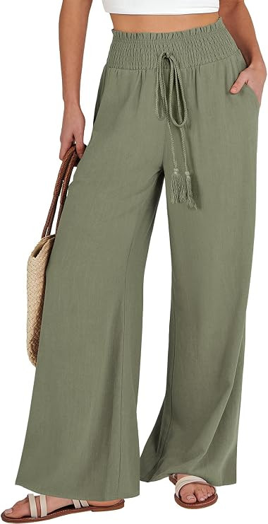 ANRABESS Women's Linen Palazzo Pants Summer Casual Vacation High Waist Wide Leg Trousers Trendy L... | Amazon (US)