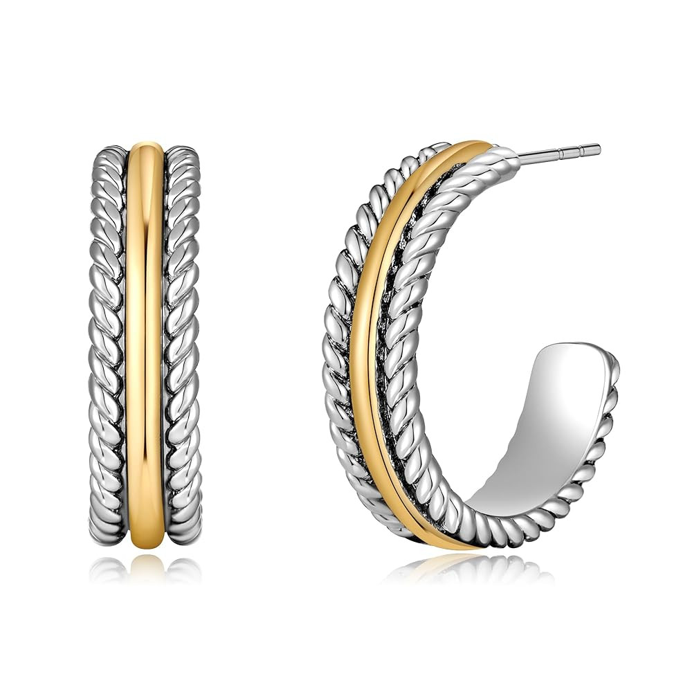 Gold and Silver Mixed Metal Earring Two Tone Studs Earrings for Women Chunky C Hoop Earrings Fash... | Amazon (US)