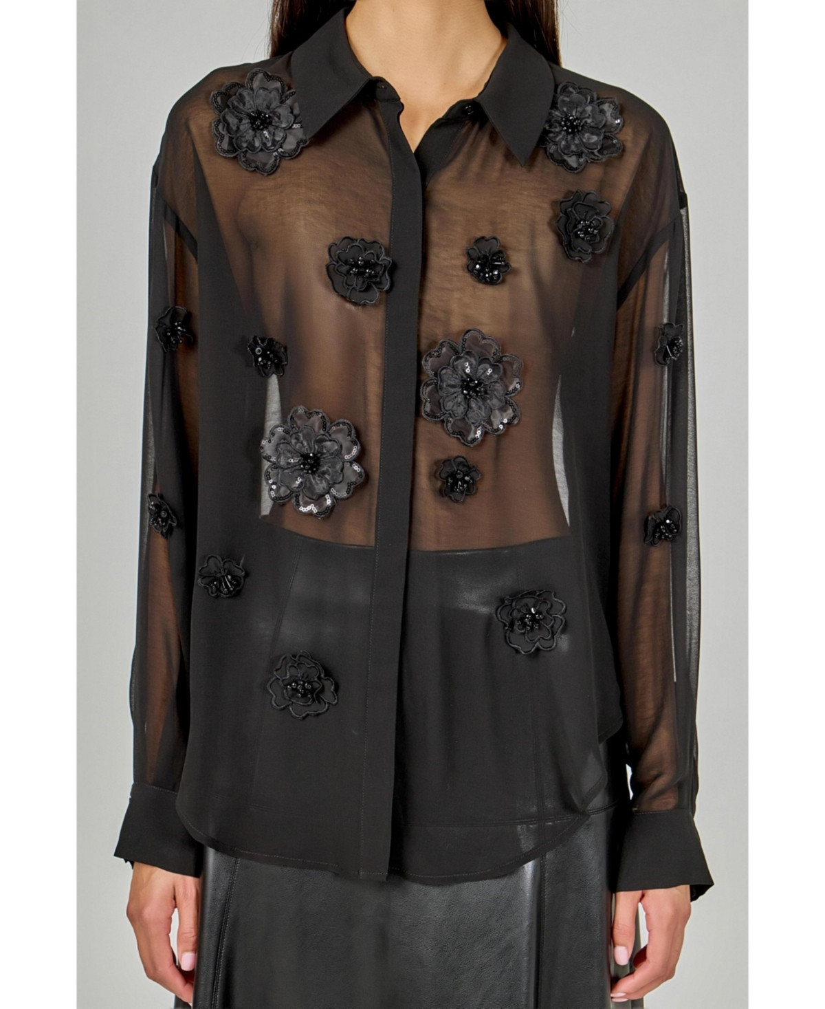 endless rose Women's Floral Detail Shirt Blouse - Black | Macy's