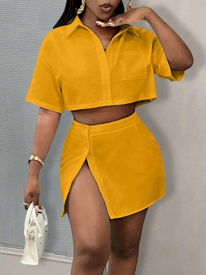 Slaydiva 2pcs/Set Women Casual Vacation Shirt Collar Short Sleeve Cropped Top And Split Hem Mini ... | SHEIN