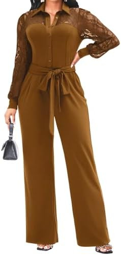 Elegante mono para mujer, elegante, sexy, de encaje, manga abombada, pantalón de pierna ancha, t... | Amazon (US)