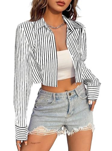 Remidoo Women's Striped Long Sleeve Cropped Button Up Shirt Crop Top Blouse Black and White Medium | Amazon (US)