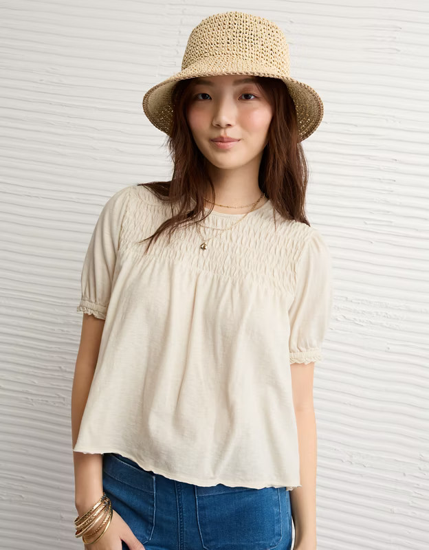 AE High Neck Puff Sleeve Smocked T-Shirt | American Eagle Outfitters (US & CA)