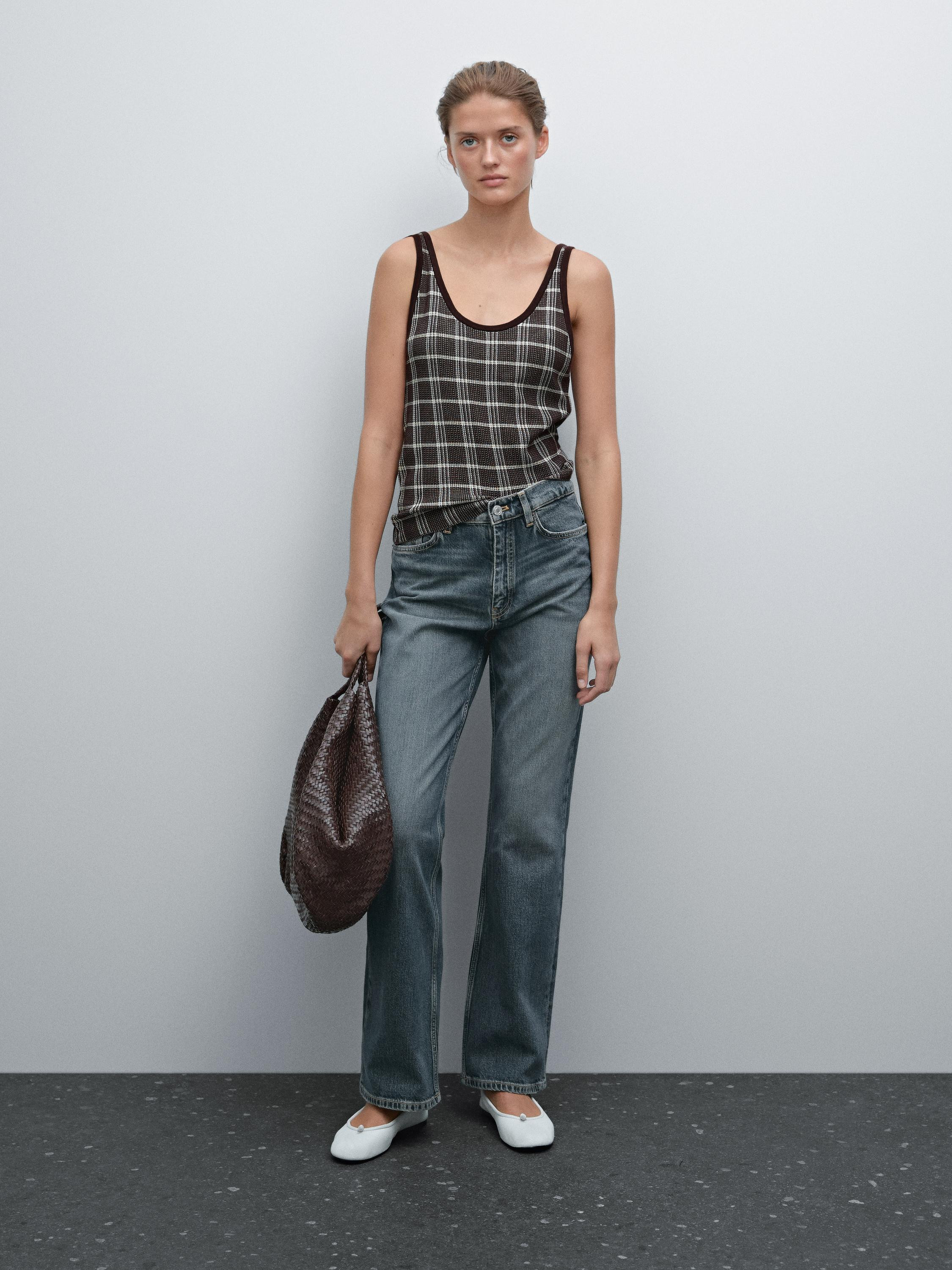 Knit top made of 100% cotton fabric. Straps. Check print. Ribbed trims . | Massimo Dutti US