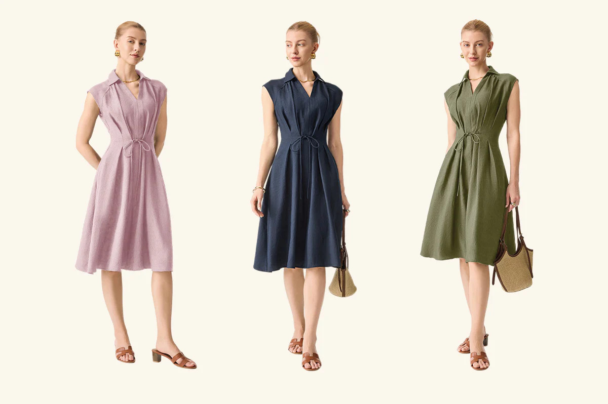 Viscose-Linen Collared V-neck Midi Dress with Drawstring | OGLmove