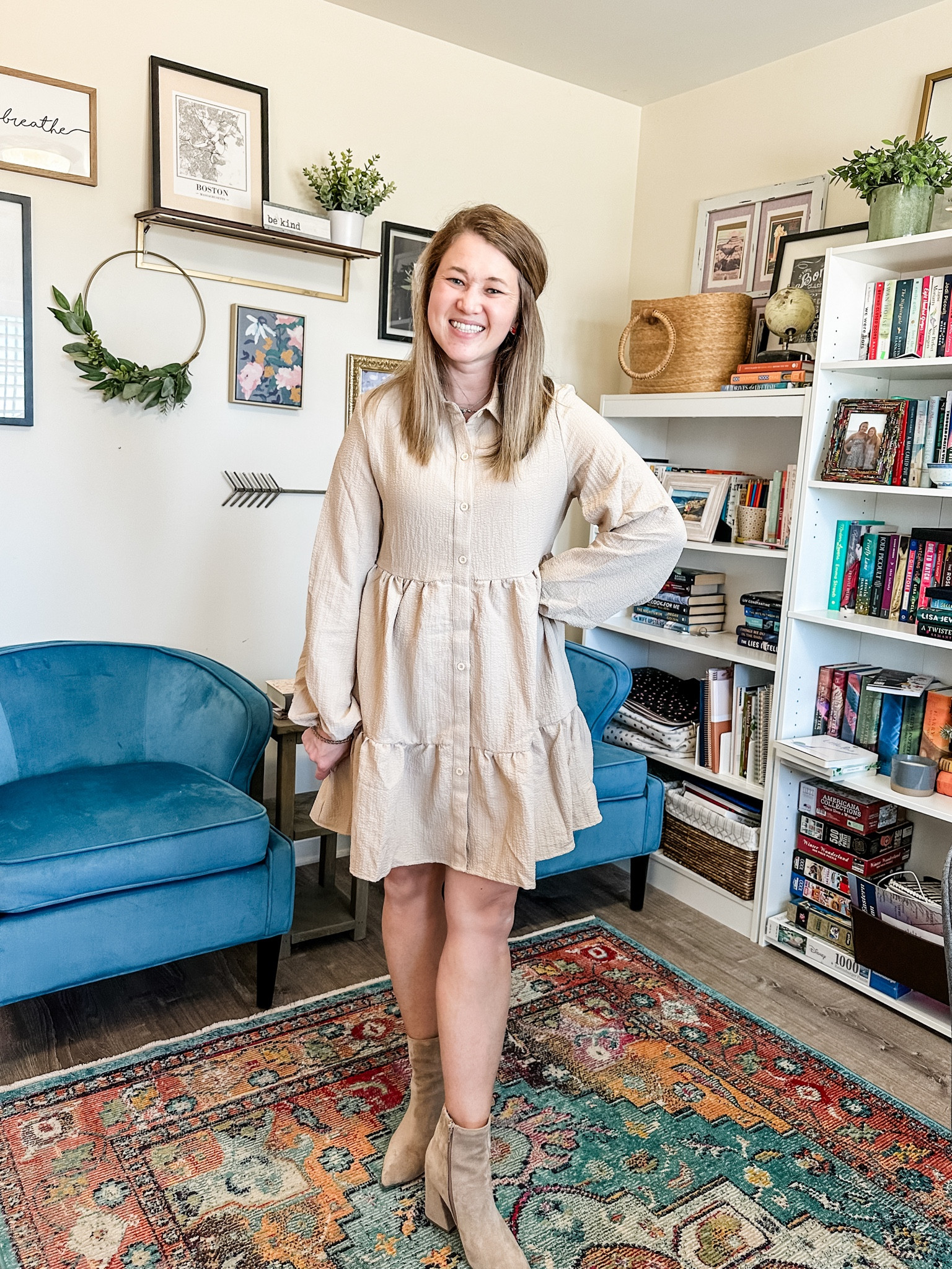 Thanksgiving outfit idea! Balloon sleeve tiered dress! Wearing size small with ankle boots! 

#LTKfindsunder50 #LTKSeasonal #LTKshoecrush