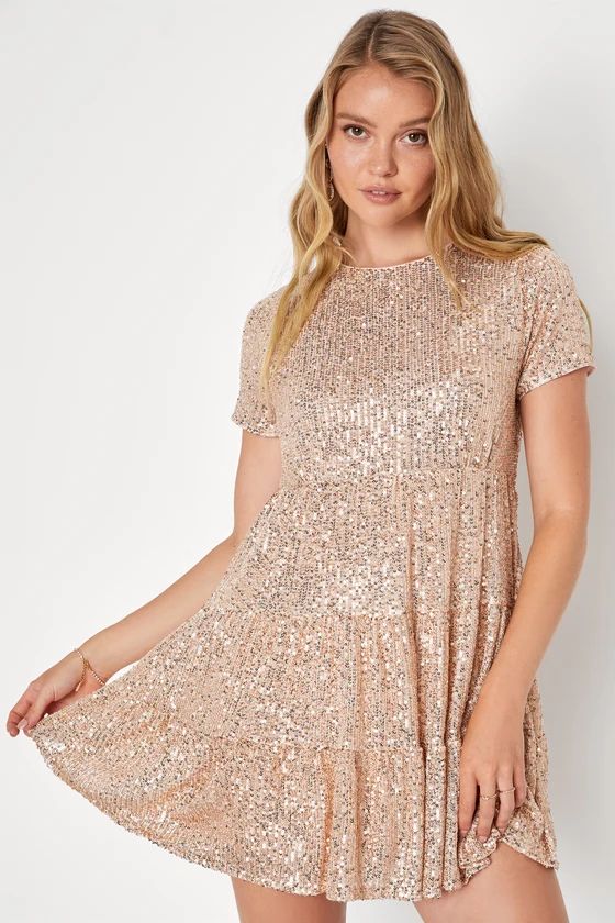 Taking a Shine Rose Gold Sequin Tiered Mini Shift Dress | Lulus (US)
