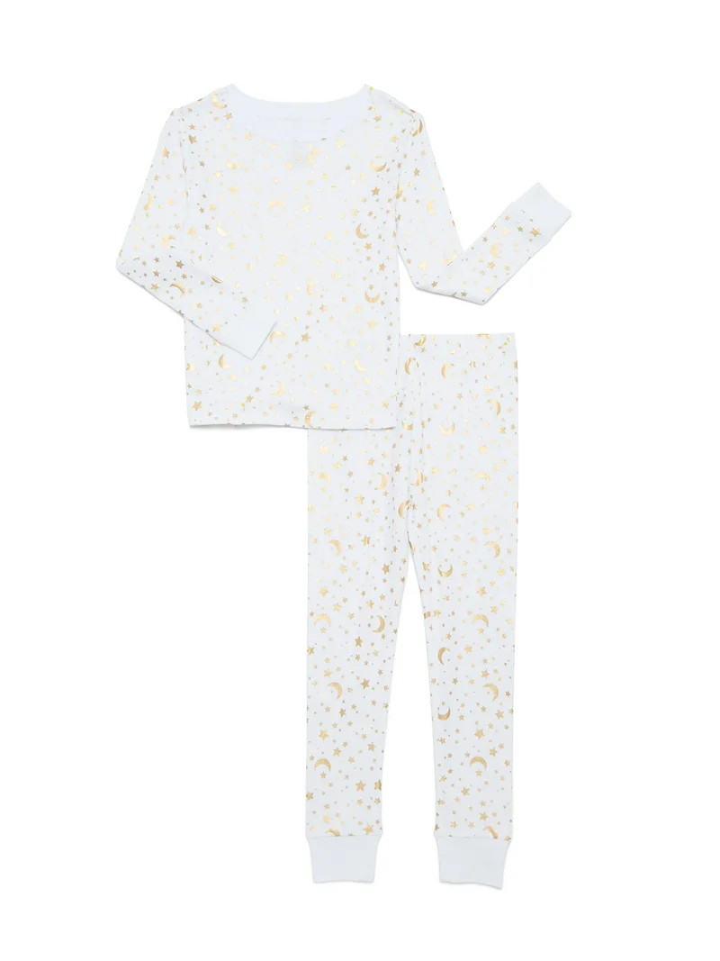 Wonder Nation Girls Cotton Long Sleeve Top and Pants Tight Fit Sleep Set, 2-Piece, Sizes 4-10 | Walmart (US)