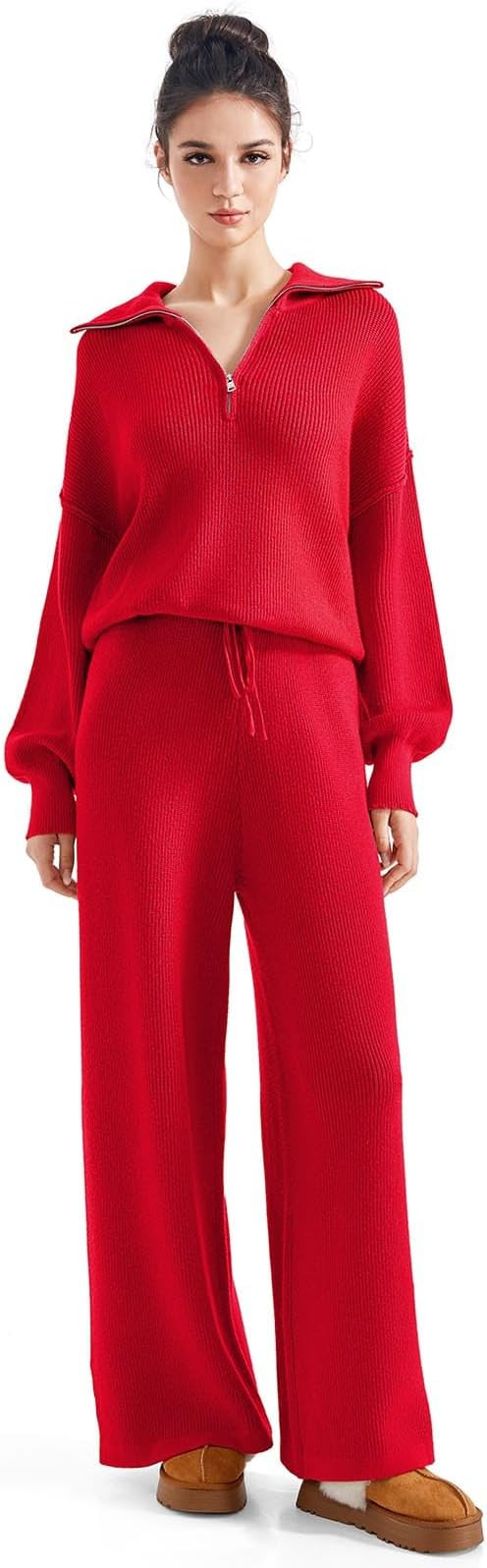 SUUKSESS Women 2 Piece Lounge Sets Oversized Quarter Zip Pullover Wide Leg Pants | Amazon (US)