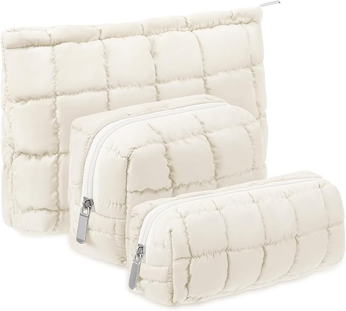 3 Pcs Puffy Makeup Bag Quilted Cosmetic Pouch for Women Cute Checkered Travel Toiletry Bag Puffer... | Amazon (US)