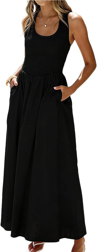 Womens Casual Boho Maxi Tank Sun Dress Summer Smocked Beach Vacation Wedding Guest Long Flowy Sun... | Amazon (US)