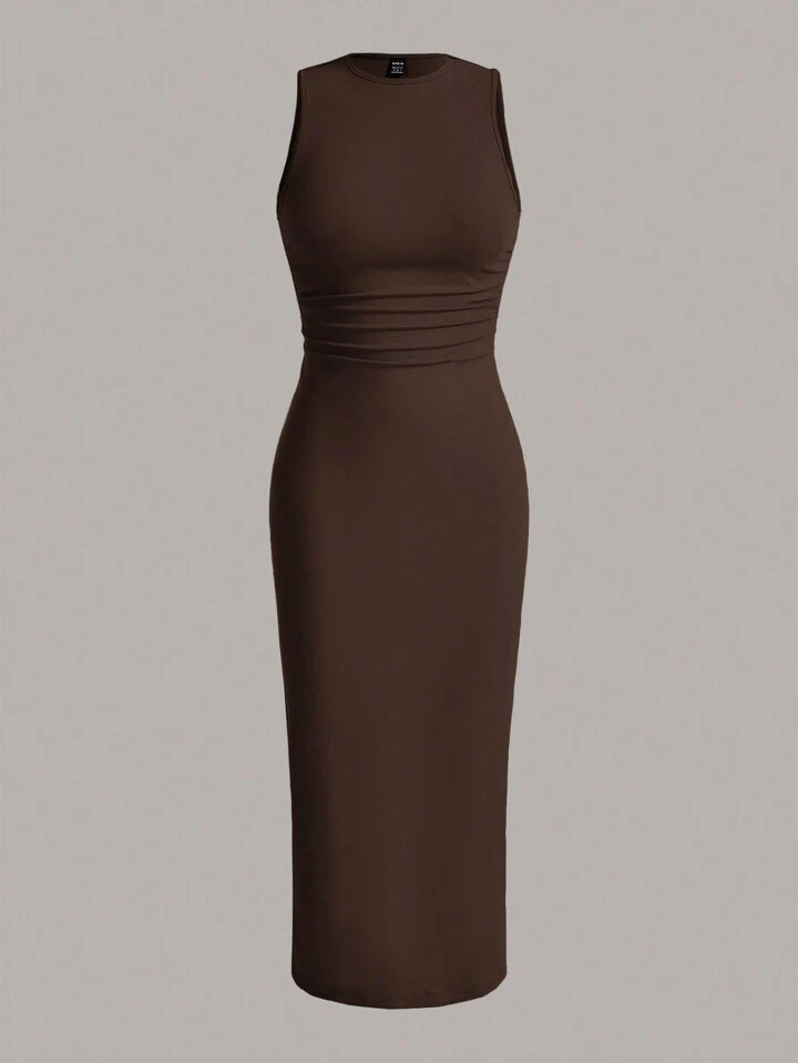 SHEIN EZwear Summer Solid Ruched Waist Tank Dress | SHEIN