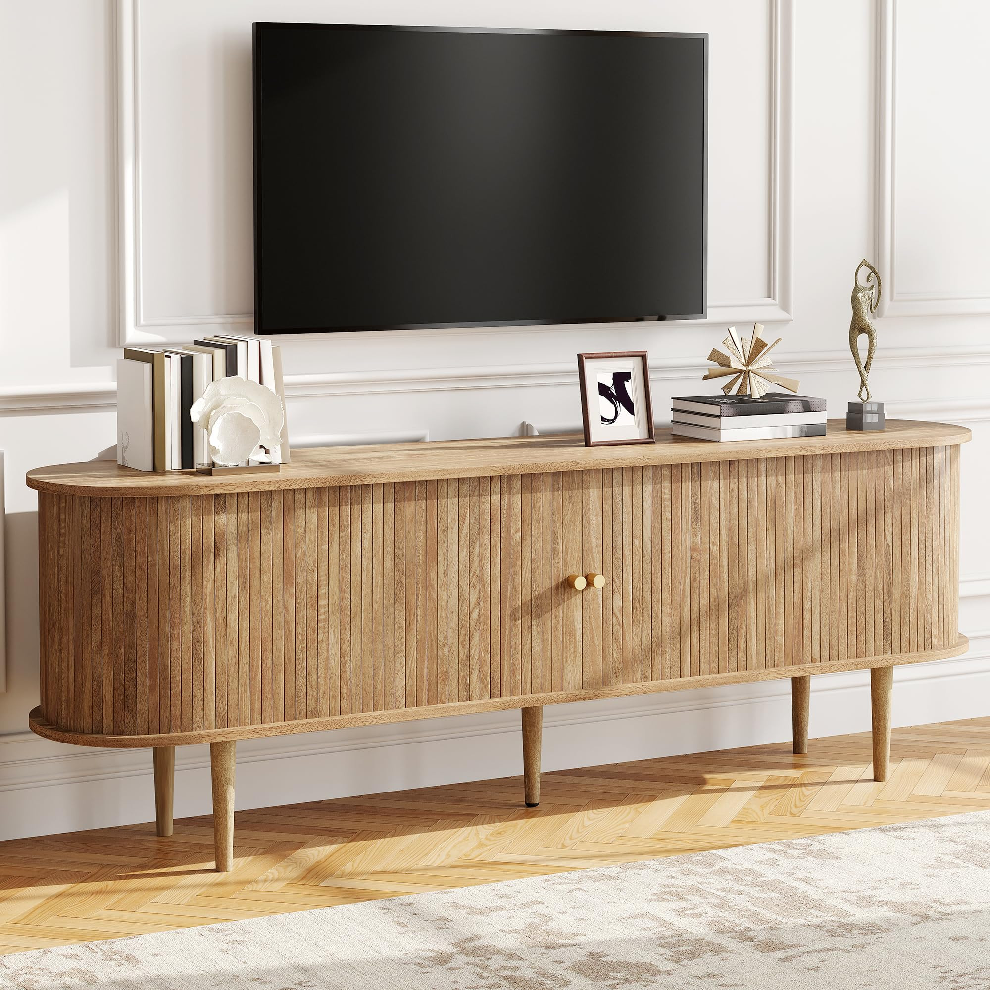 AMERLIFE 70" TV Stand with Solid Wood Legs, Mid Century Modern TV Console with Tambour Door for 80-inch TV, Dust-Proof Storage Cabinet for Living Room, Natural Oak | Amazon (US)