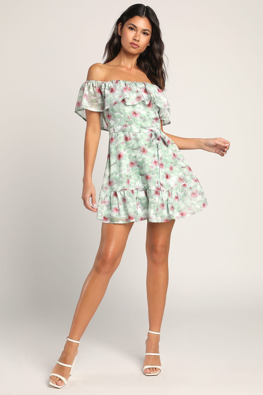 French Gardens Green Burnout Floral Off-the-Shoulder Mini Dress | Lulus (US)