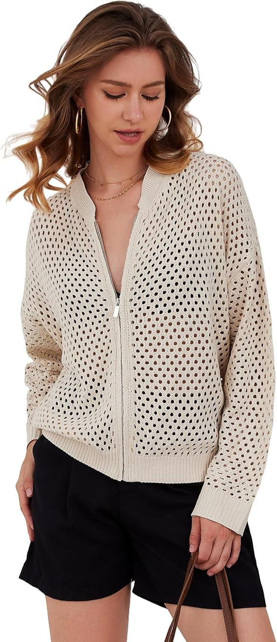 Womens Zip Up Crochet Cardigan Sweater Oversized Long Sleeve Hollow Out Knit Bomber Jacket Fishne... | Amazon (US)