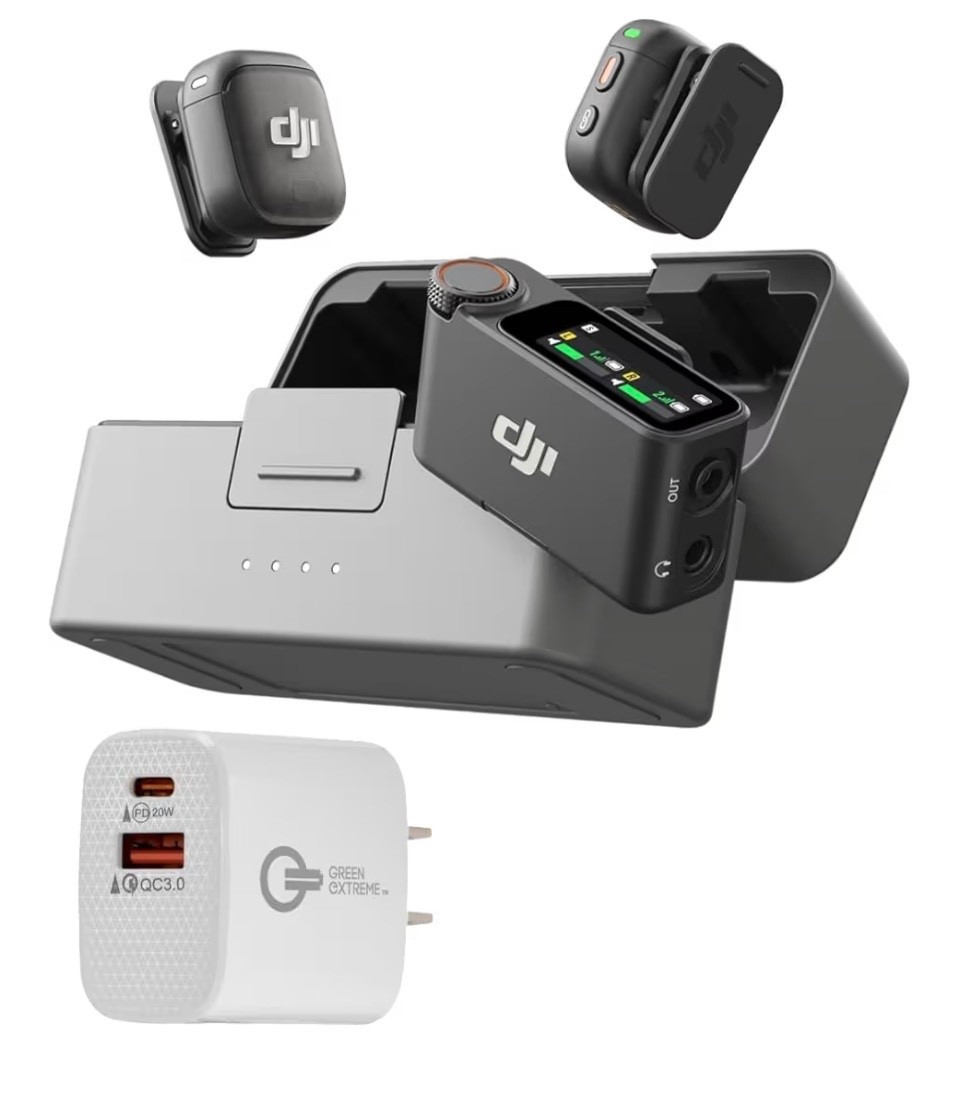 DJI Mic 3 (2 TX + 1 RX + Charging Case), Wireless Microphone for iPhone/Camera/Android, Ultralight, Adaptive Gain Control for Balanced Volume, Dual Band Anti-Interference, Vlog, 2-Port Wall Charger