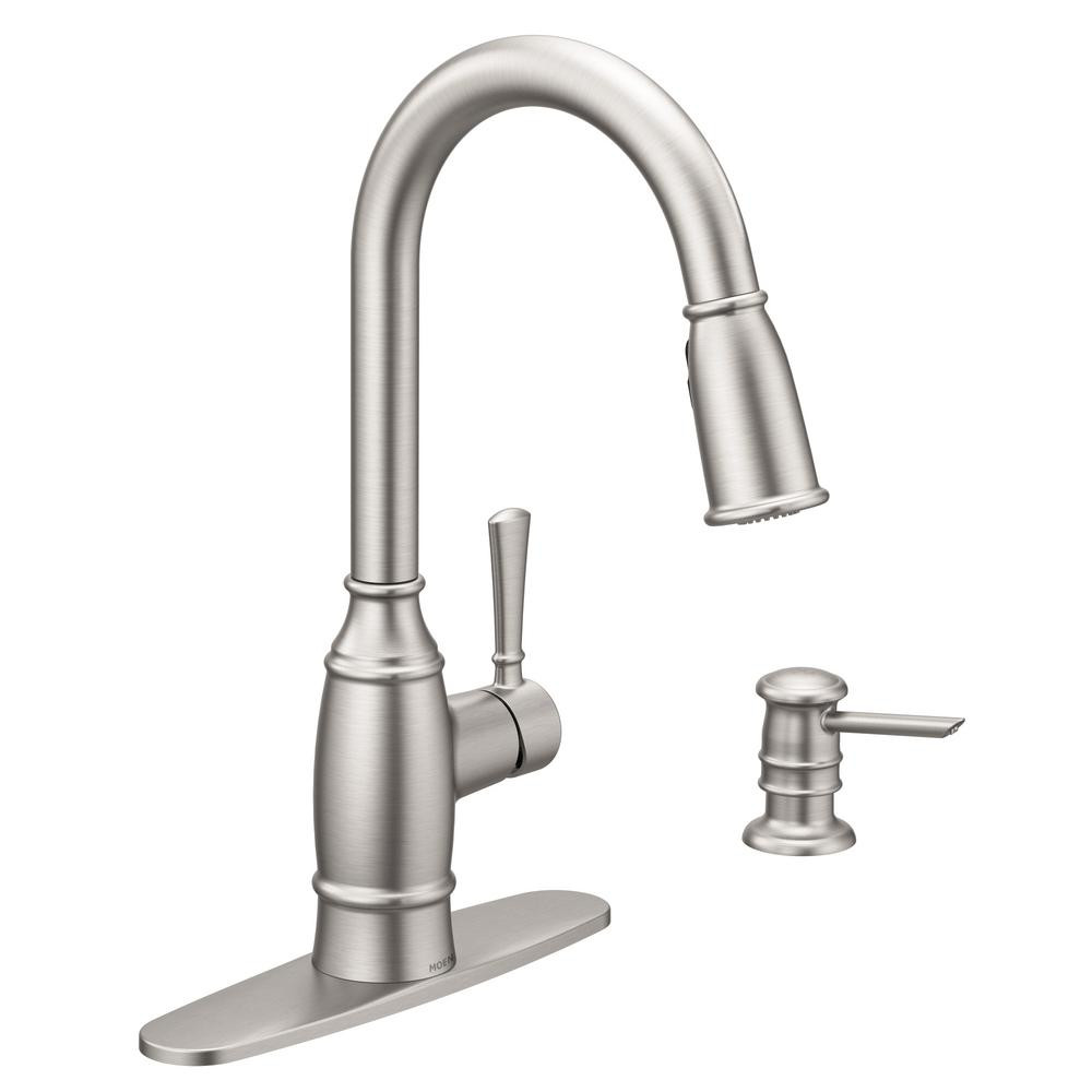 Noell 1-Handle Pull-Down Sprayer Kitchen Faucet with Reflex, Soap Dispenser and Power Clean in Sp... | The Home Depot