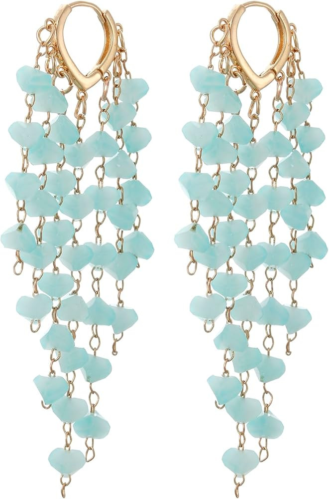 Fringe Hoop Dangle Earrings, Long Beads Tassel Chain Earrings for Women Sparkly Chandelier Earrin... | Amazon (US)